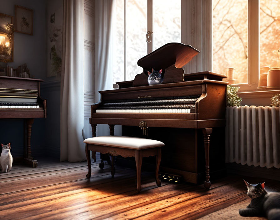 Sunlit Room with Cats on Piano and Floor by Window