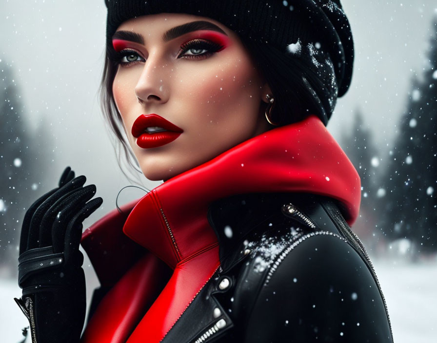 Woman in Red Lipstick and Black Attire in Snowy Scene