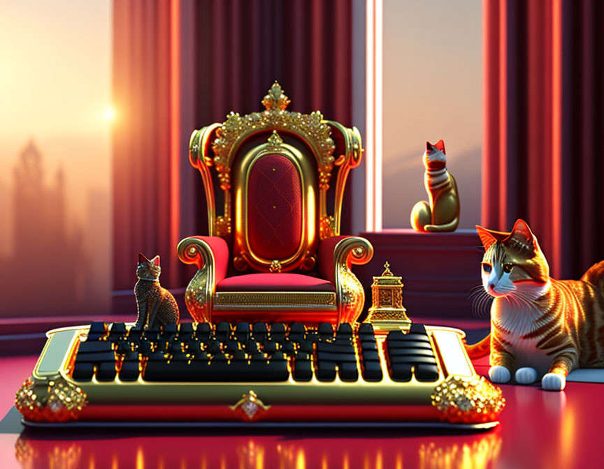 Luxurious golden throne with animated cats on piano in red-curtained room