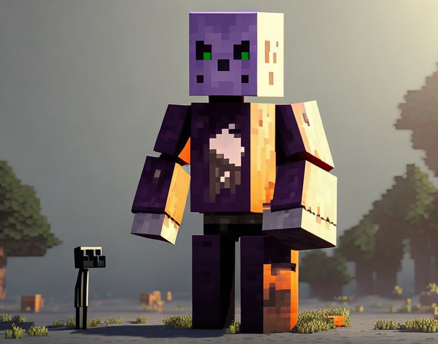 Blocky Minecraft character in purple and white, forest setting