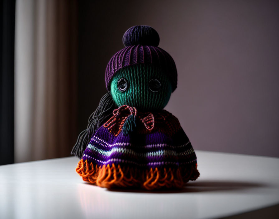 Knitted toy with large eyes and purple beanie on white surface