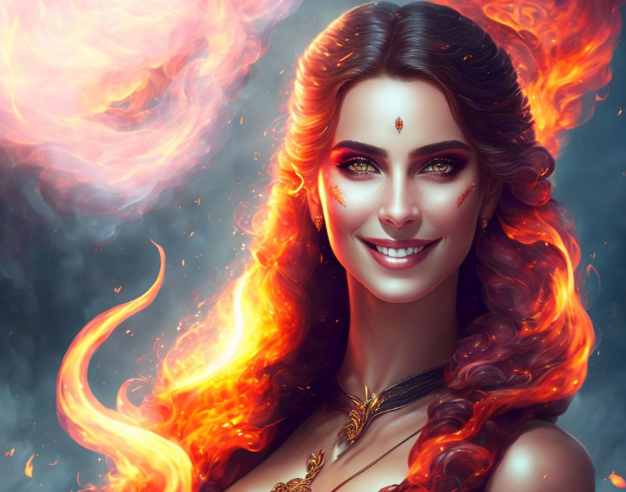 Dark-haired woman with green eyes and gold jewelry in fiery backdrop