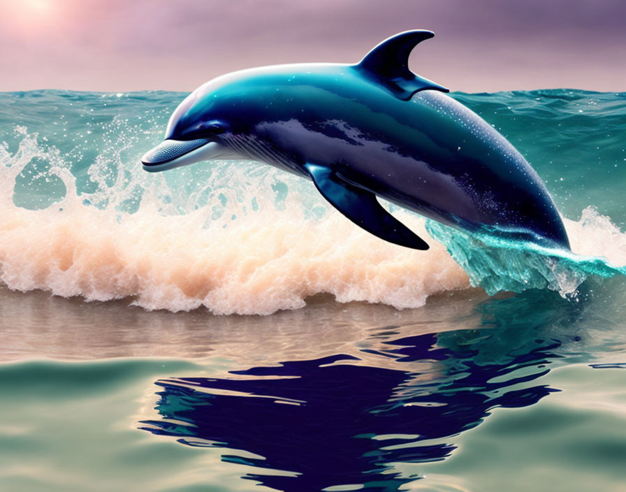 Dolphin leaping over ocean waves under pink and purple sky