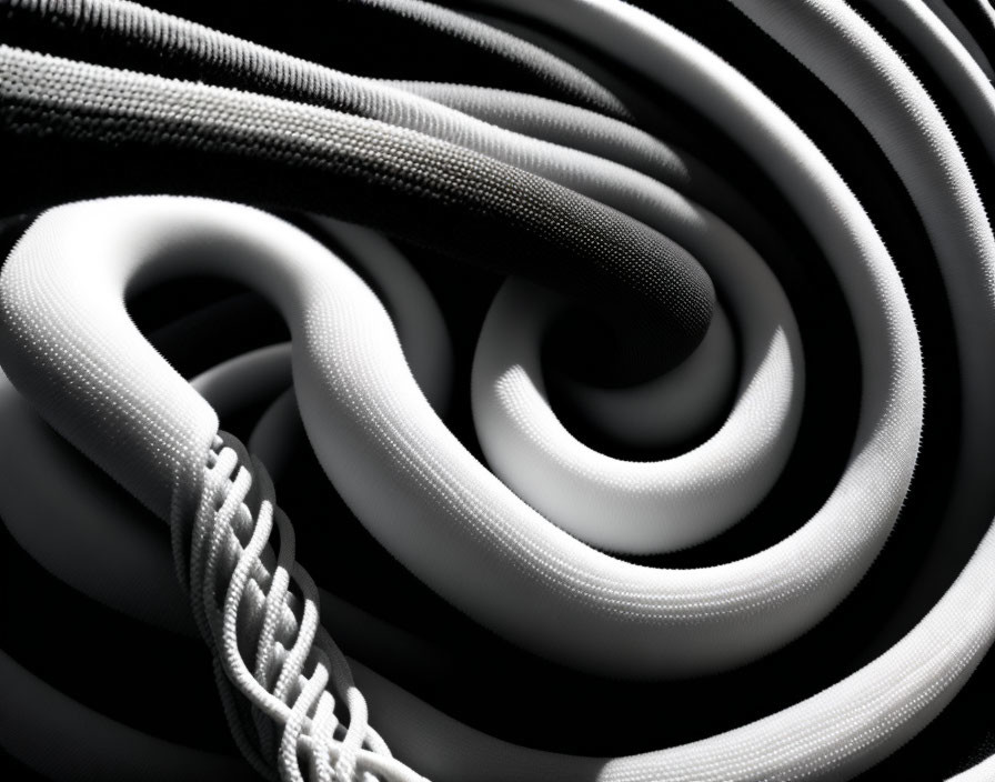 Abstract monochrome image with swirling patterns of a black and white garment and shoelace.