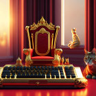 Luxurious golden throne with animated cats on piano in red-curtained room