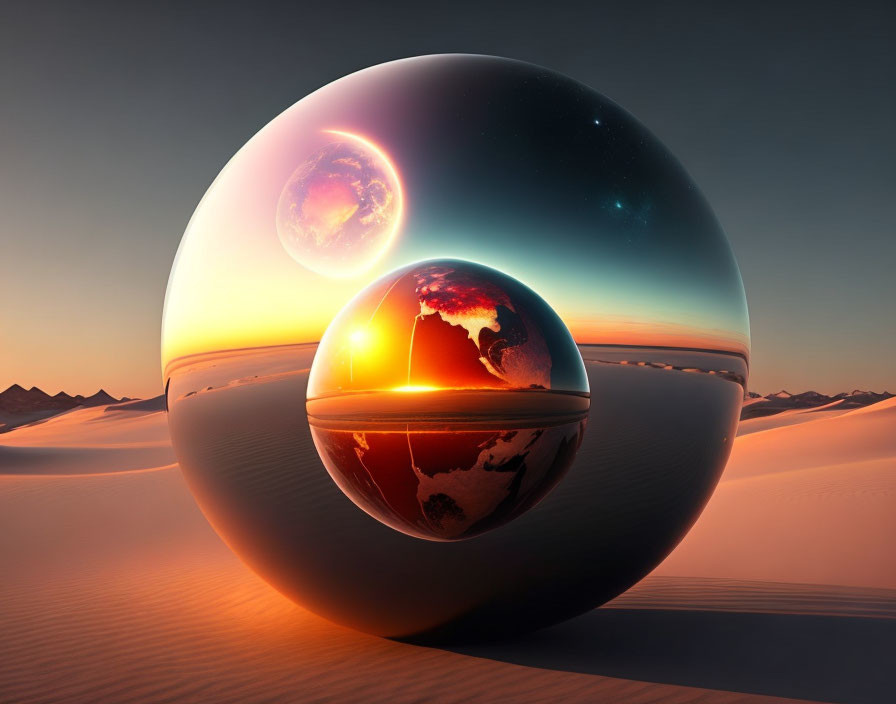 Surreal landscape with glossy spheres reflecting desert and cosmic scenery