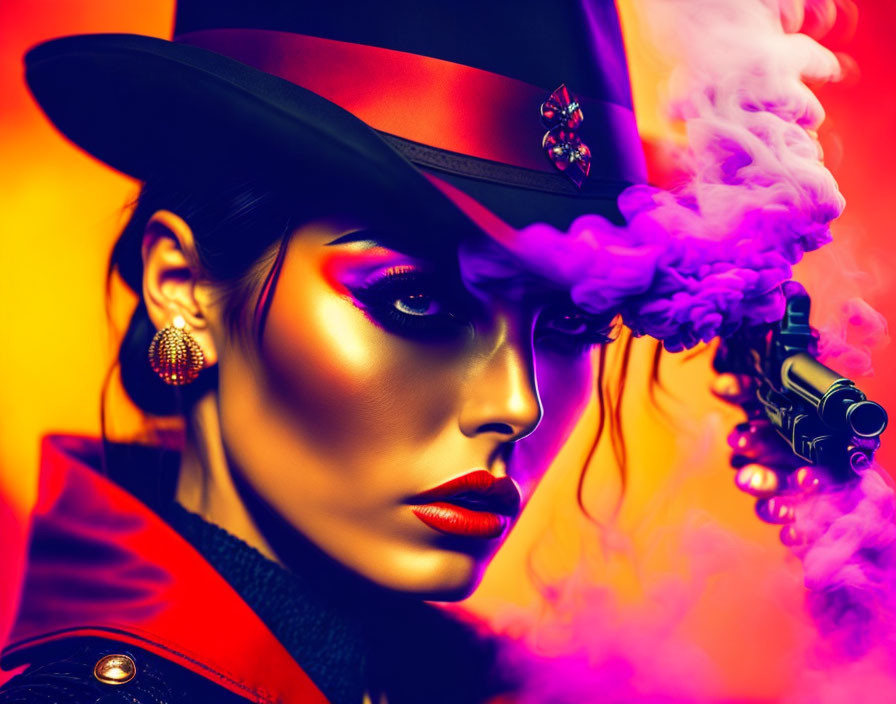 Colorful portrait of woman with dramatic makeup and hat, gun smoke swirls in fiery background