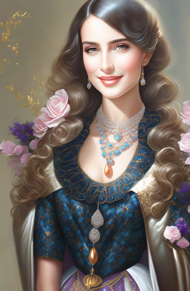 Illustrated portrait of a woman with long wavy hair, radiant smile, elegant jewelry, blue dress