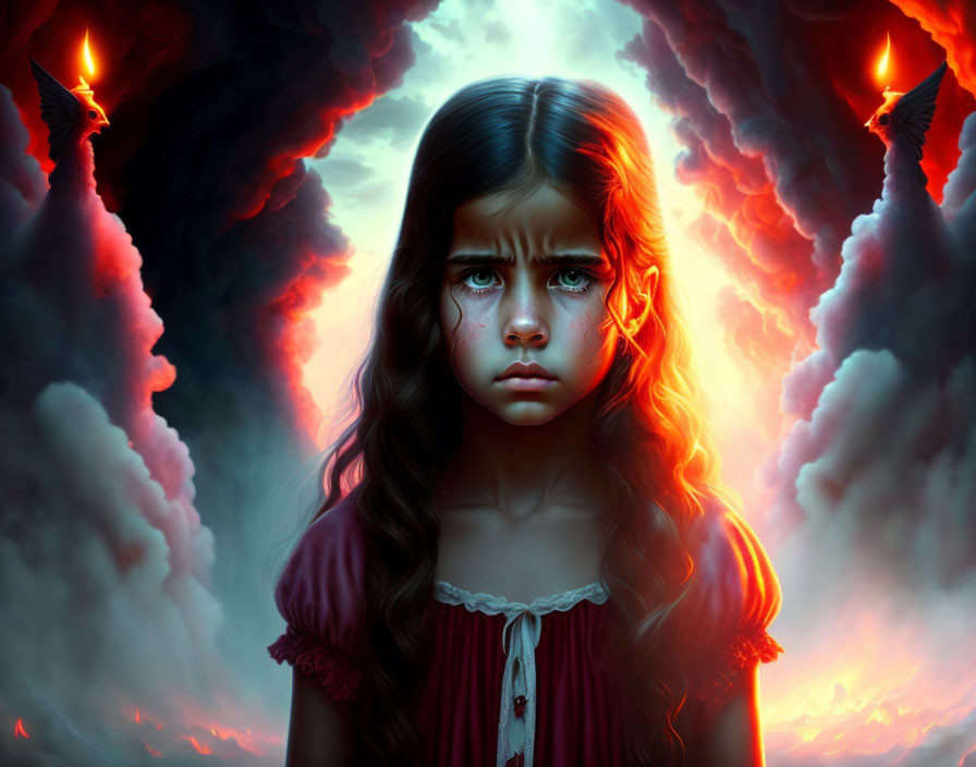 Young girl in somber expression under dark clouds and red light.