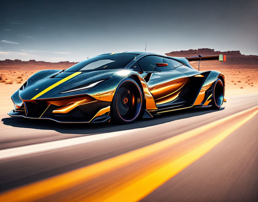 Black and Orange Sports Car Speeding on Desert Highway