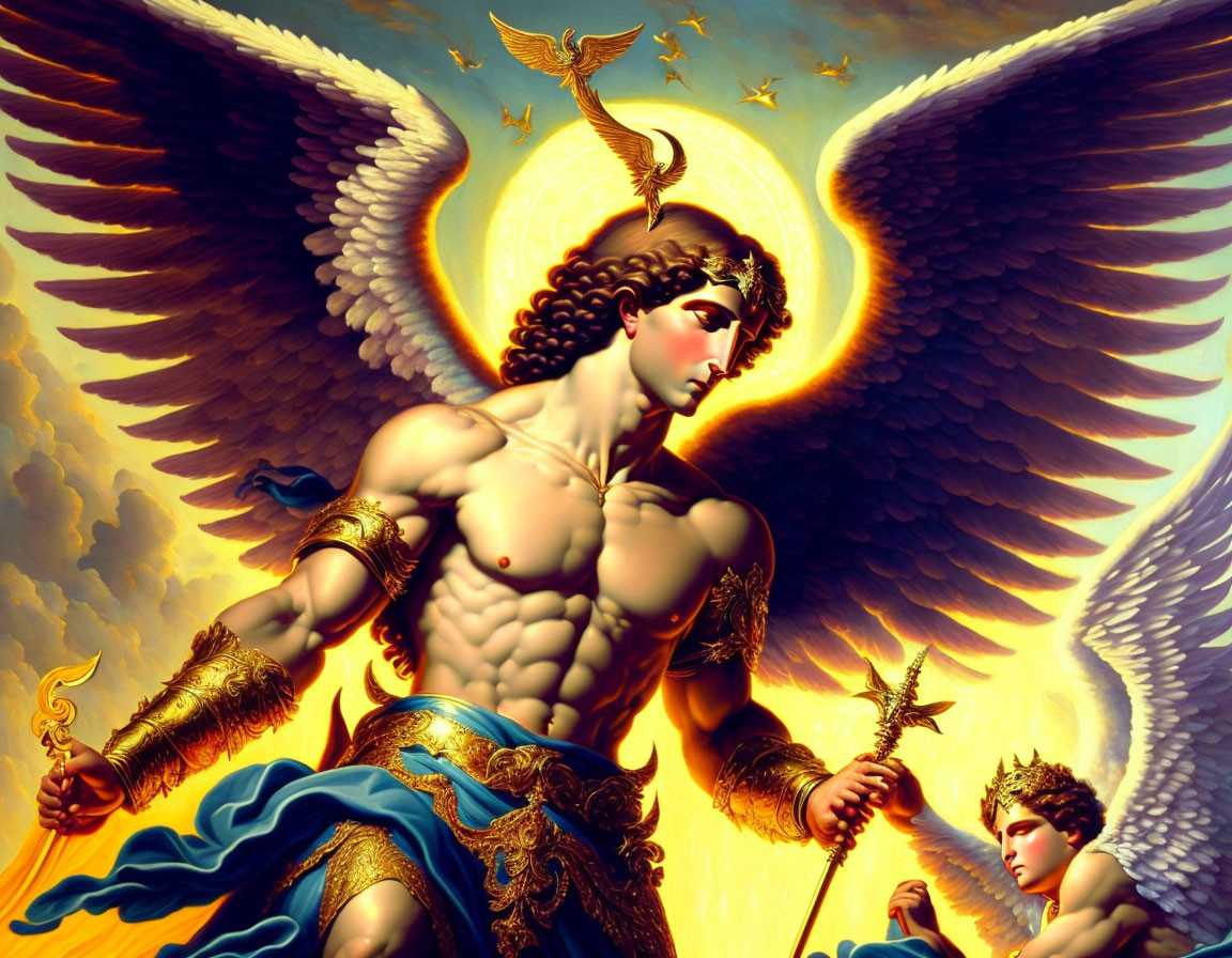 Winged male figure in golden armor with spear, accompanied by smaller figure, against dramatic sky