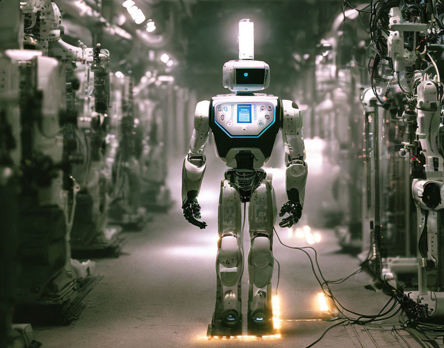 Humanoid Robot Standing in Industrial Setting with Machinery