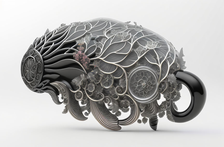 Monochromatic digital brain sculpture with floral patterns