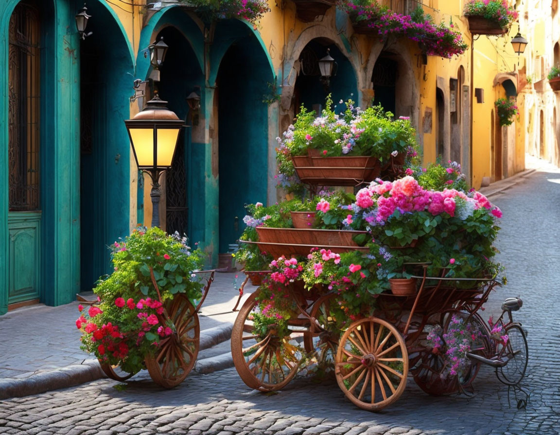 Cobblestone alley with flower carts, antique doors, and streetlamp