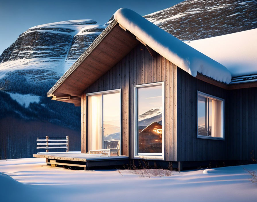 Snow-covered wooden cabin with mountain view and large windows at sunrise