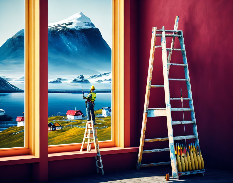 Man painting wall near window with village and mountain view