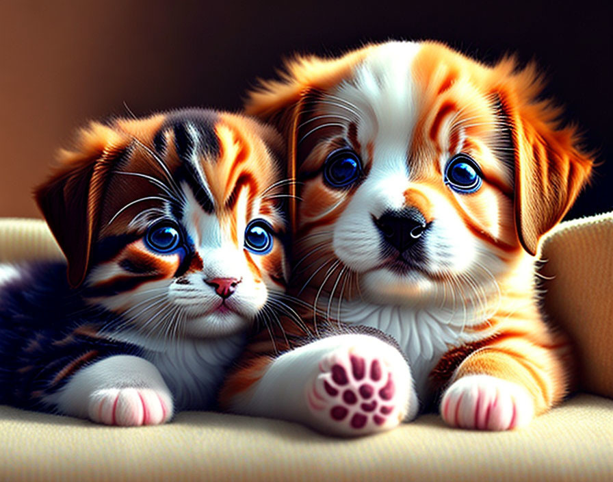 Blue-eyed kitten and puppy with colorful fur sitting together closely.