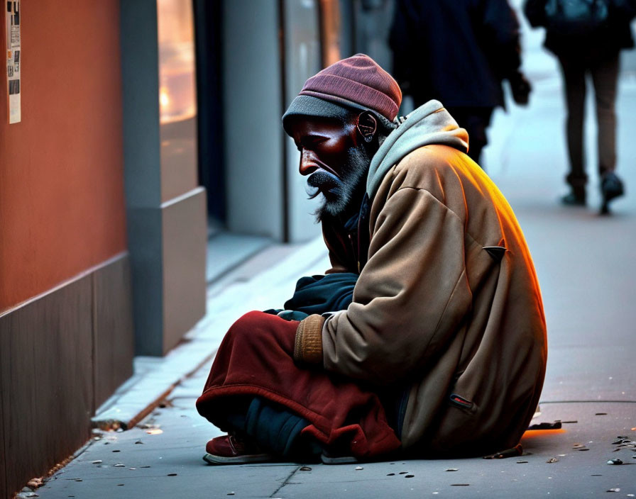 Pensive man in urban setting at twilight wears beanie, coat, and red pants