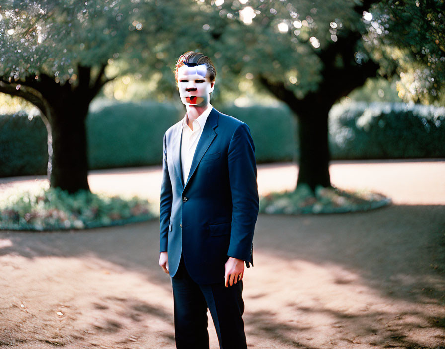 Person in Blue Suit with Distorted White Mask in Park Setting