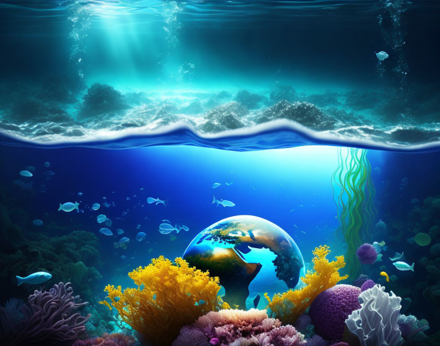 Vibrant underwater scene with Earth globe, corals, fish, and light rays