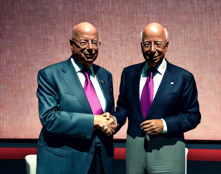 Identical figures in suits shaking hands on red backdrop twins clones