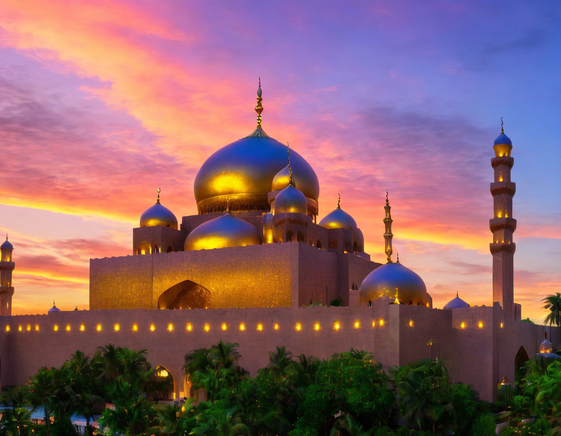 Mosque with Golden Domes and Minaret at Sunset