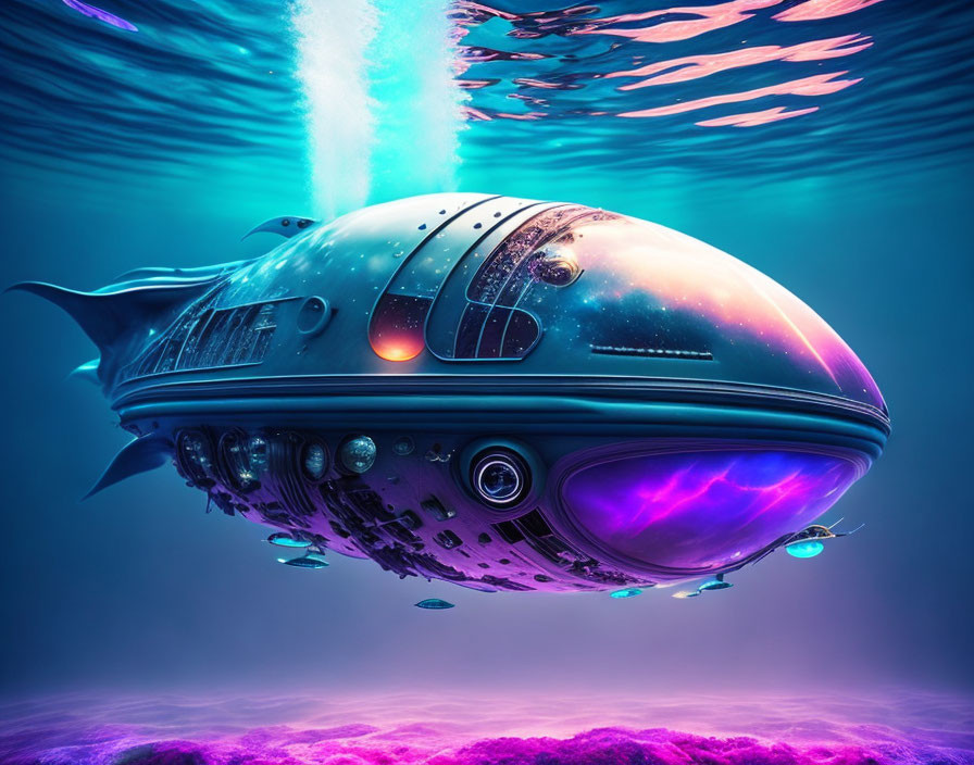 Futuristic whale-inspired submarine with cosmic pattern, illuminated underwater