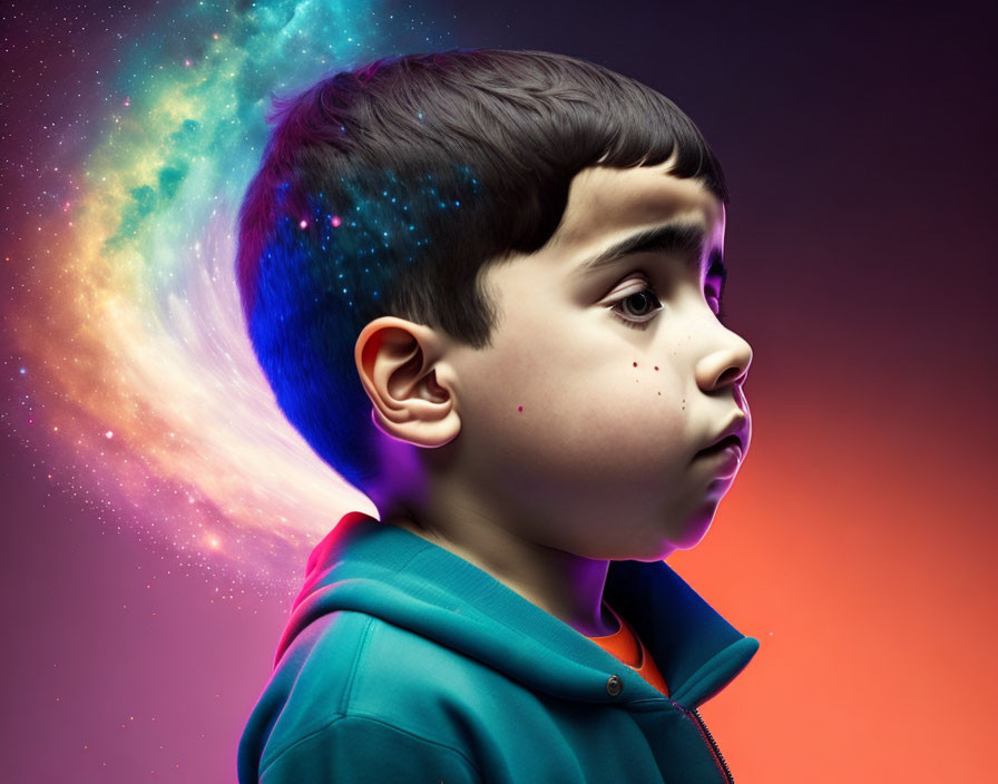 Young boy with cosmic star-filled hair on purple and orange background