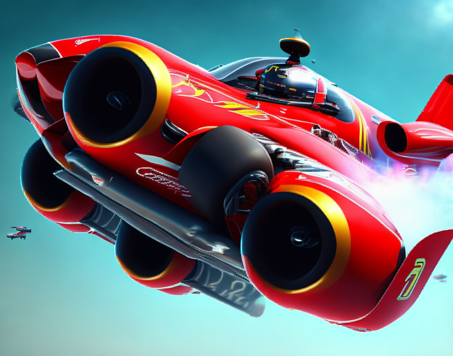 Futuristic red flying race car with blue flames racing in clear sky