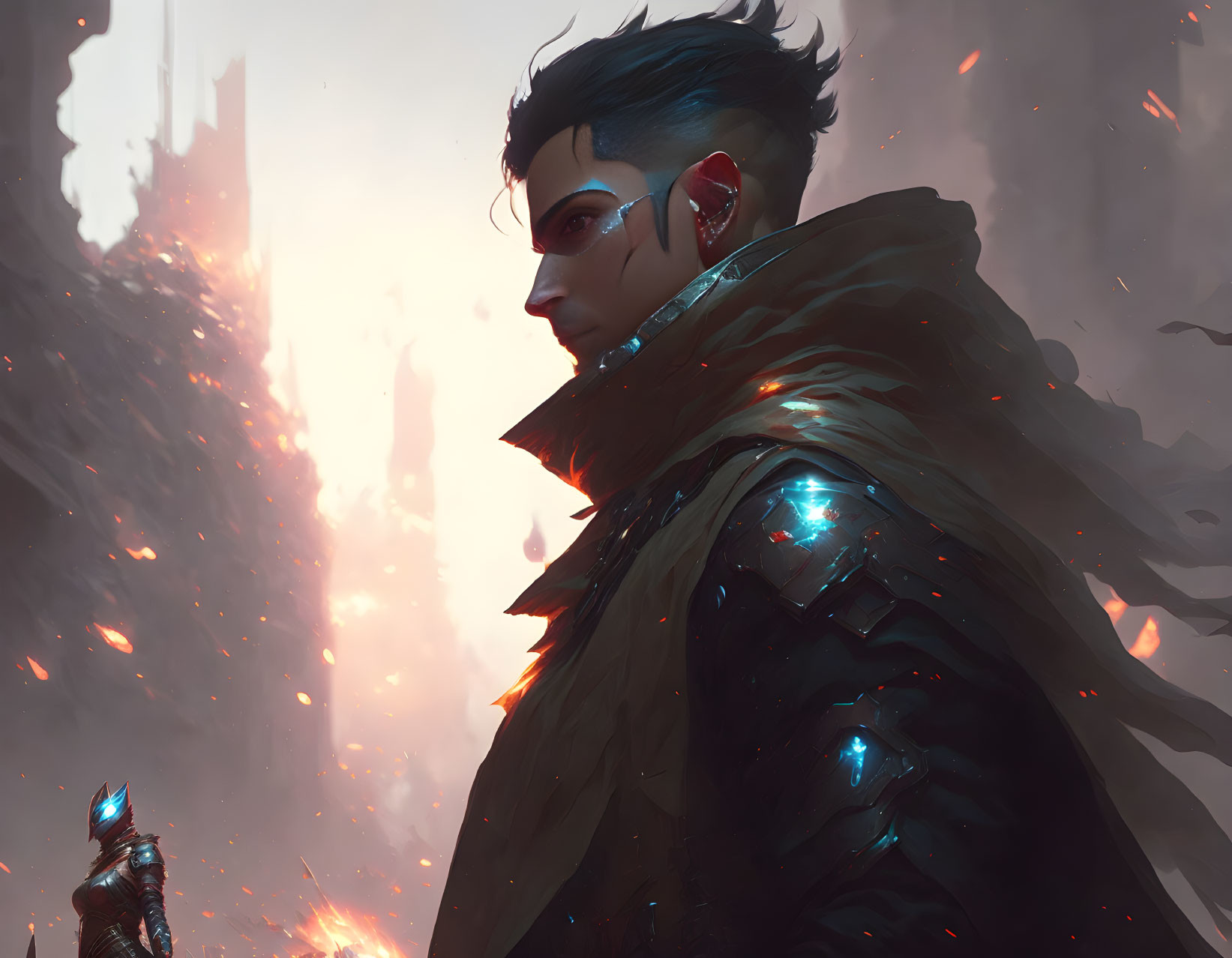 Digital artwork: Dark-haired man in futuristic armor on smoky battlefield