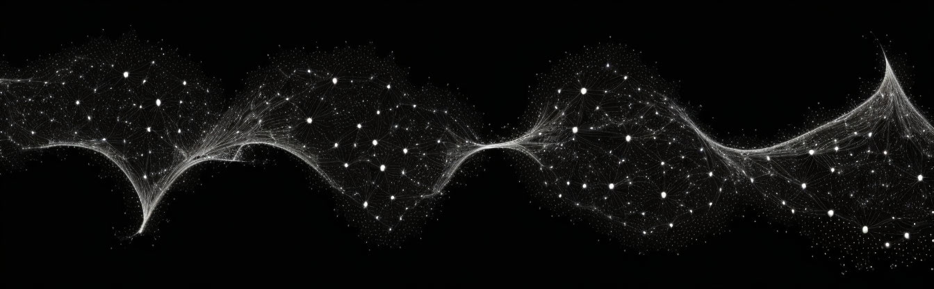 Abstract white fiber-like structures and particles in dynamic wave pattern on black background