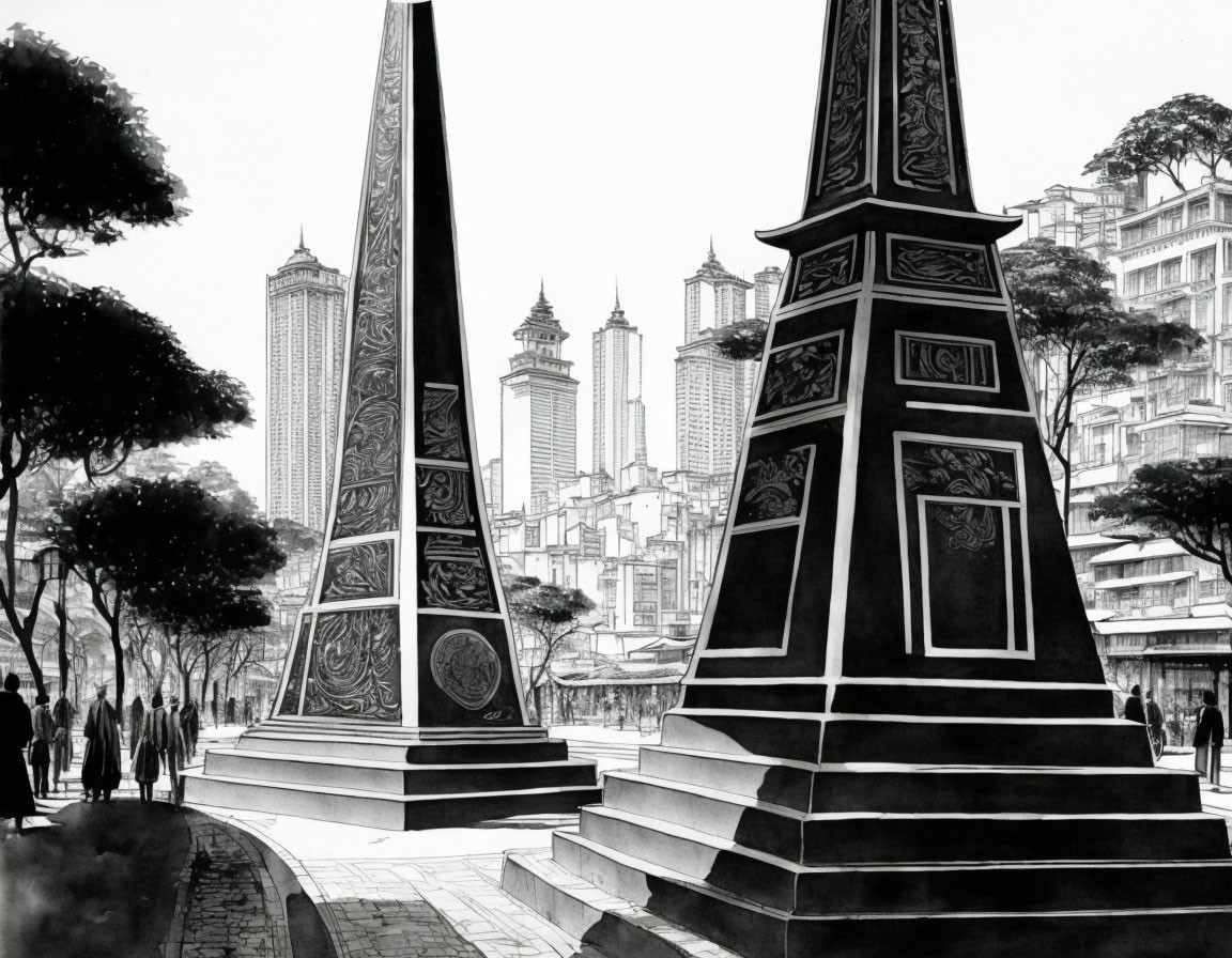 Futuristic monochromatic cityscape with skyscrapers and obelisks