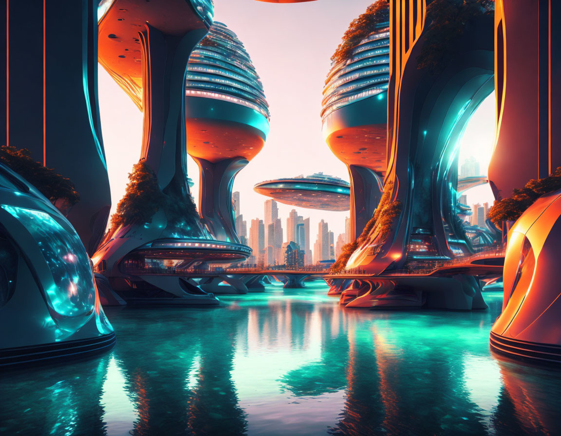 Sleek futuristic cityscape with towering structures reflected in tranquil water under pinkish sky