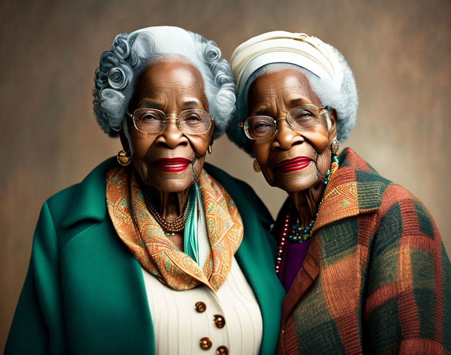 Elderly women in colorful attire smiling together