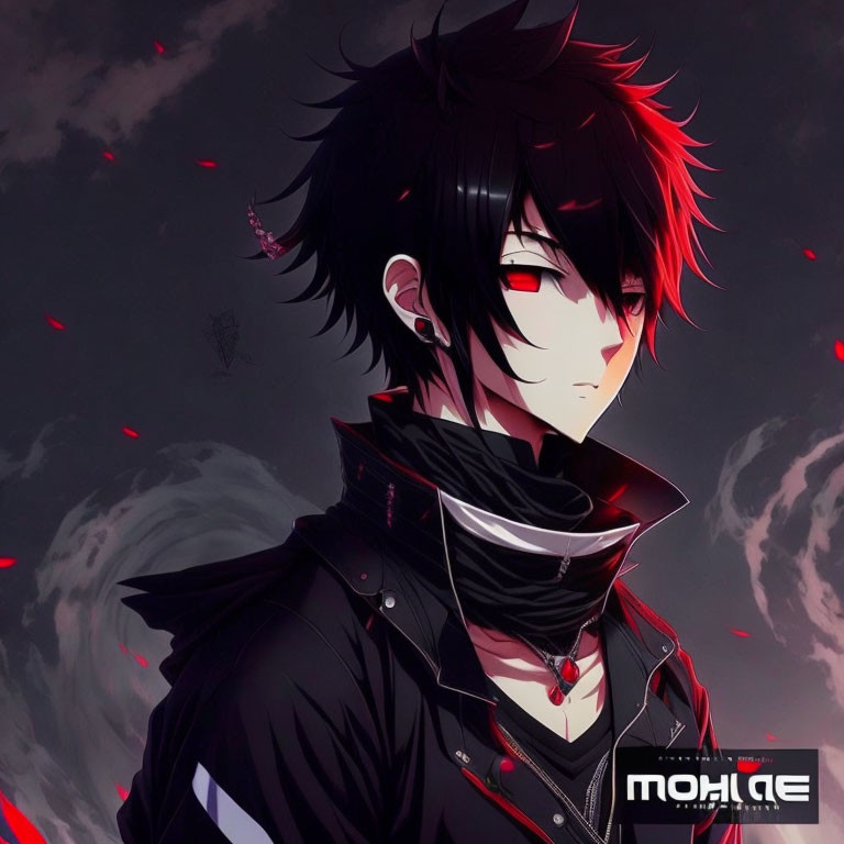 Spiky black hair, red eyes, black jacket and scarf on anime-style character against red and