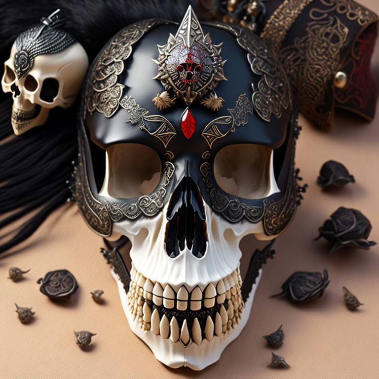 Ornate skull with jeweled forehead and gold detailing amid feathers and smaller skulls