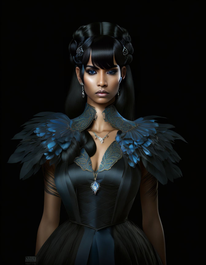 Detailed digital portrait of woman with elaborate hairstyles and blue feathered shoulders in dark dress with blue gem necklace