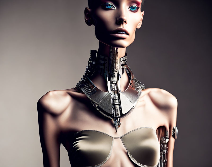 Futuristic female mannequin with metallic skin and industrial choker.