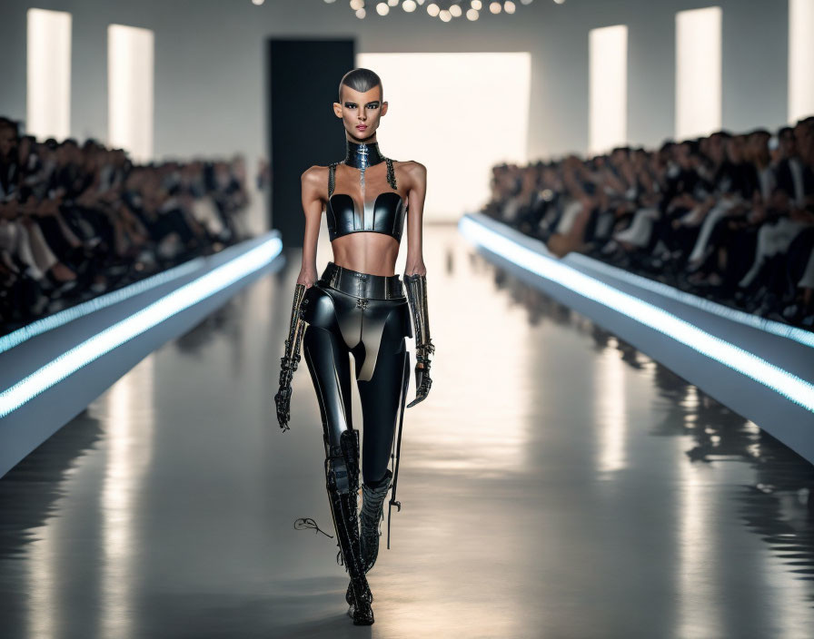 Fashion Show: Model in Black Latex Outfit & High Boots