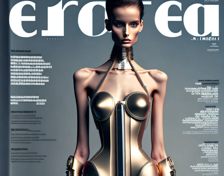 Futuristic female model in metallic corset on magazine cover