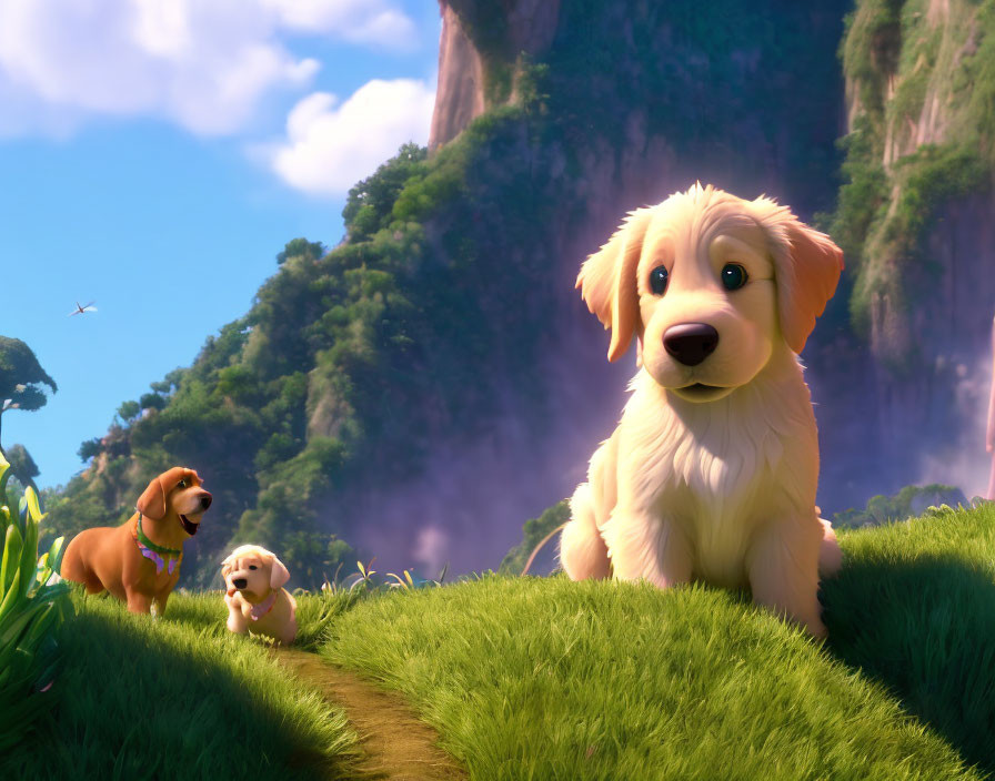 Vibrant landscape with three animated dogs in lush setting