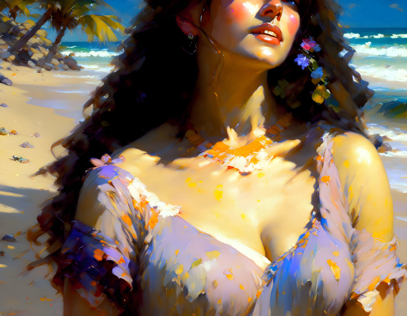 Woman on Beach with Sunlit Features and Flowers