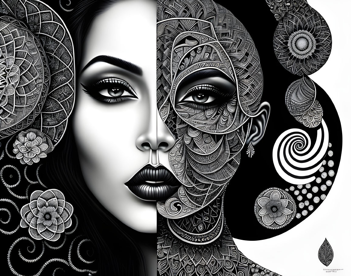 Monochrome illustration: woman with intricate half-patterned face.