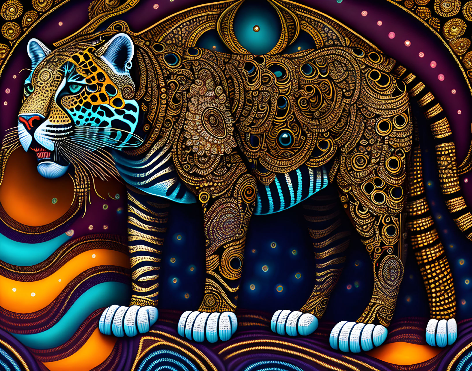 Colorful digital artwork of patterned jaguar on psychedelic background