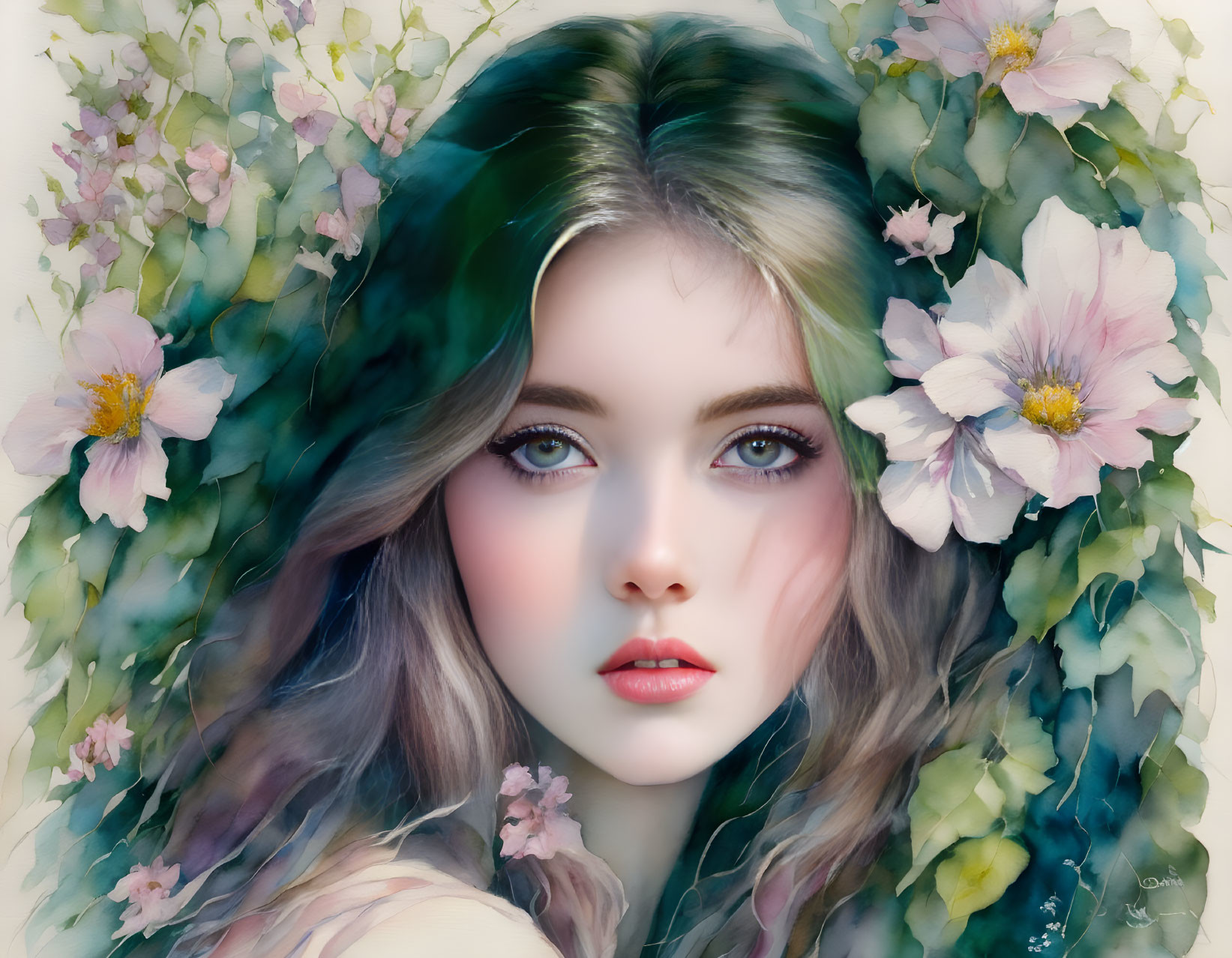 Portrait of Woman with Green Hair and Floral Background