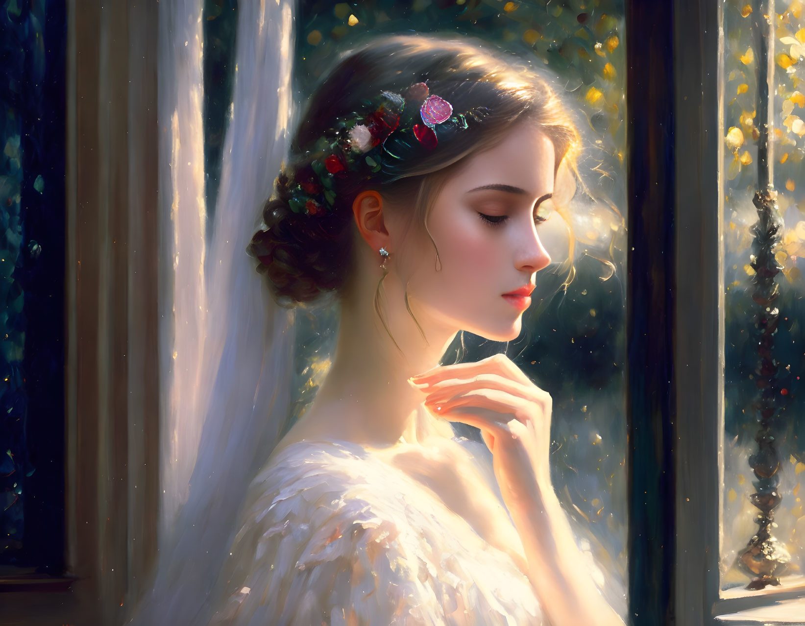 Serene woman in white outfit with floral headpiece by window