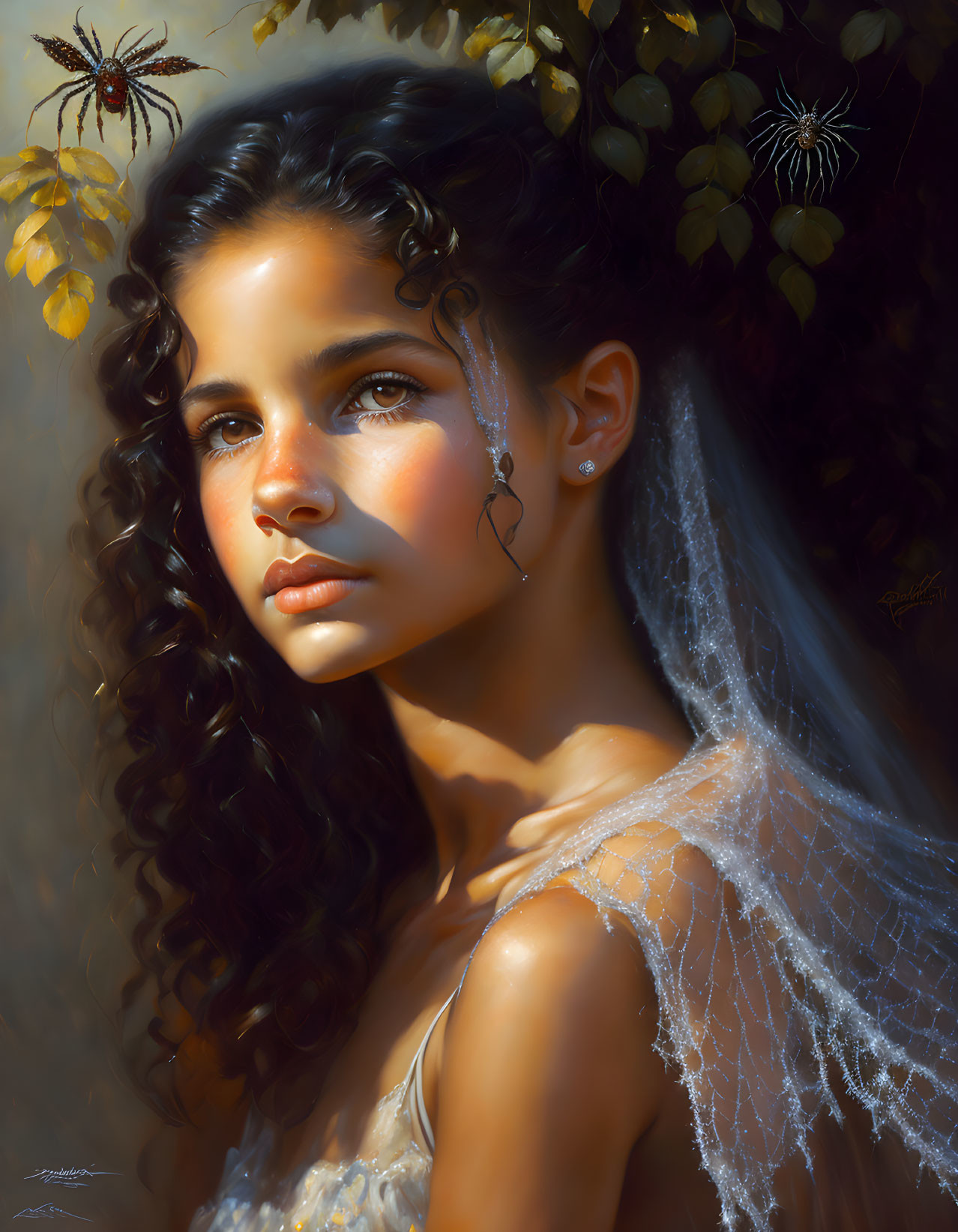 Portrait of young woman with curly hair surrounded by spiders and webbing in warm autumn lighting.