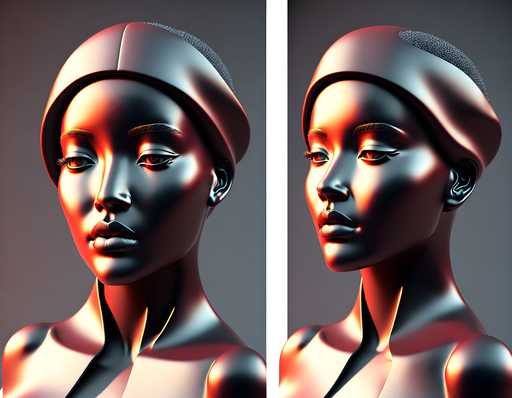 Twin 3D-Rendered Woman's Face Images in Swim Cap, Red Lighting