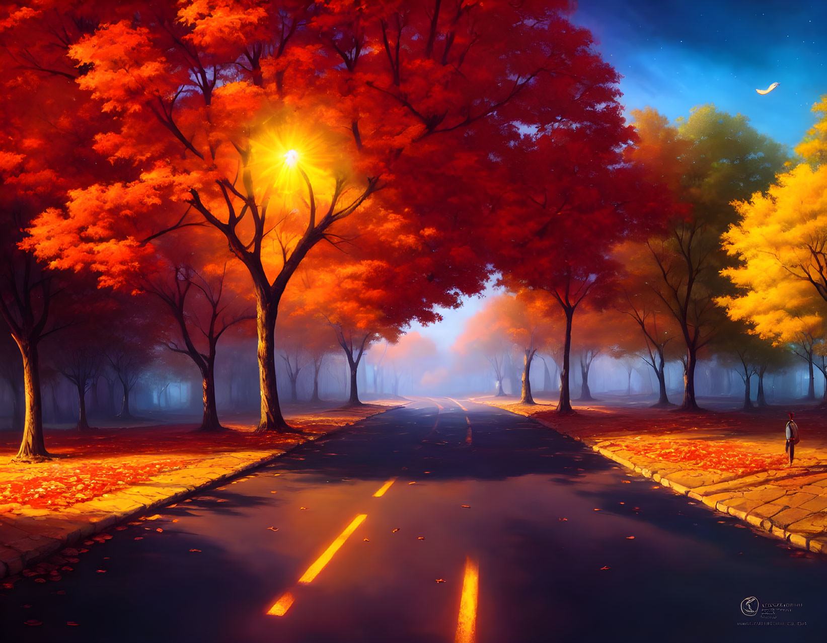 Tranquil autumn landscape with lamp post, red trees, fallen leaves, and walking person