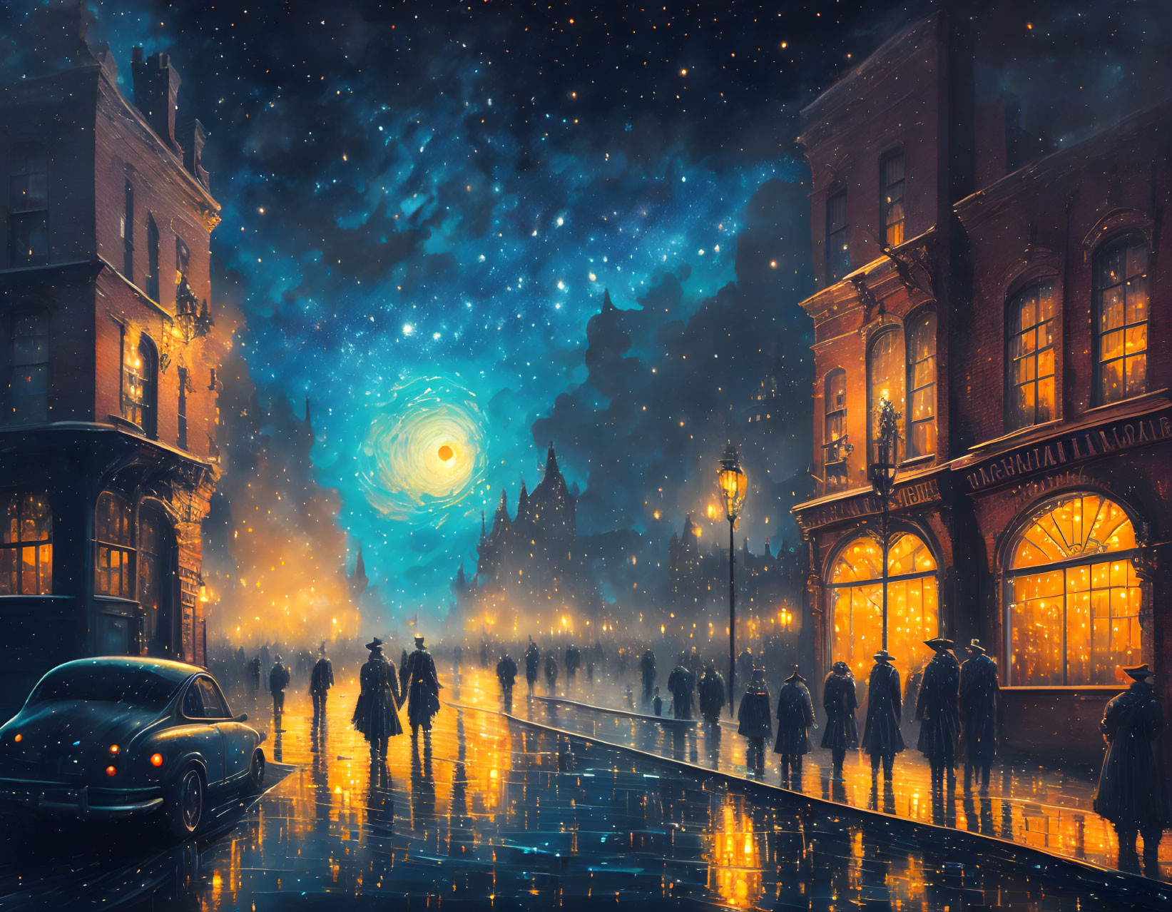 Nighttime Rainy Street Scene with Vintage Car, People, and Galaxy Sky